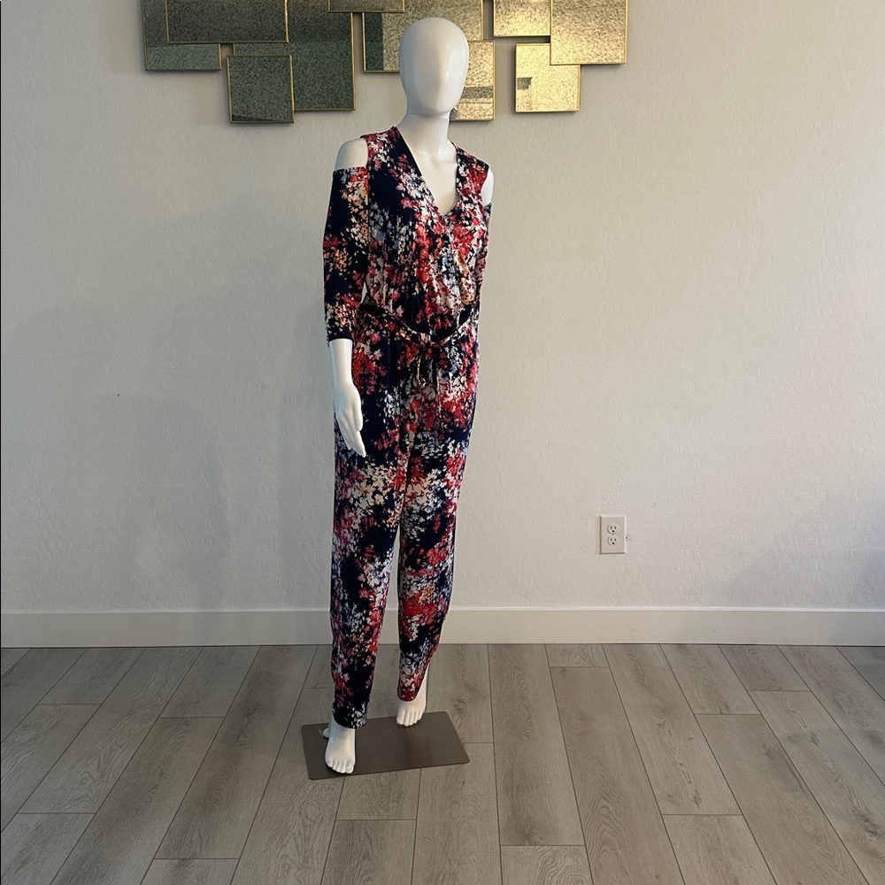 NY Collection Multicolor Floral Cold Shoulder Jumpsuit